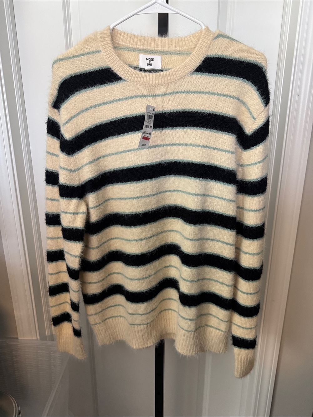 Cream Crewneck Sweater with Black and Light Blue Stripes